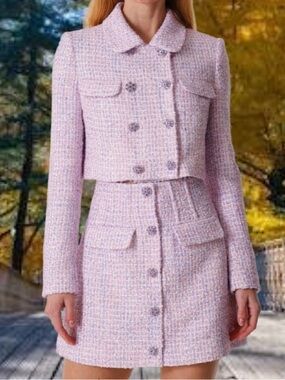 Self-Portrait Pastel lilac pink Tweed Cropped Jacket & Skirt Set